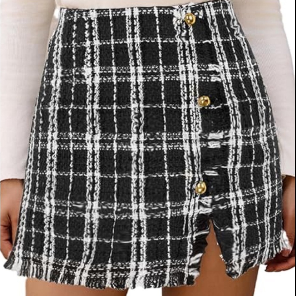 Pink Lily Black White Plaid Fringe Button Stretch Mini Skirt Size S Y2K Preppy